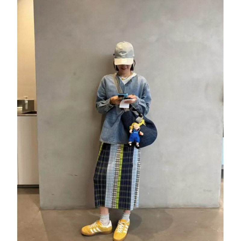春夏印花新款小众压褶度假风时尚气质彩色撞色格纹半身裙女装
