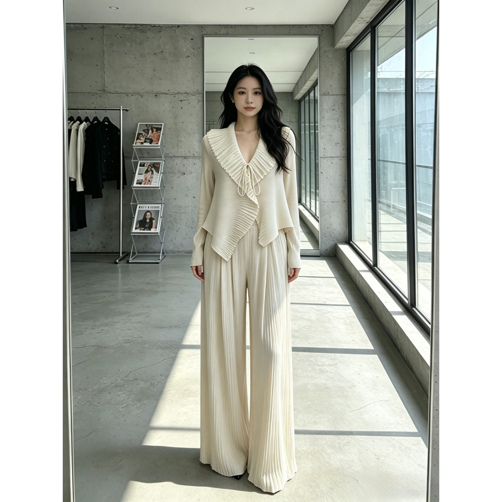 三宅褶皱时尚轻熟风韩系减龄套装女纯色开衫百搭阔腿裤褶皱简约风
