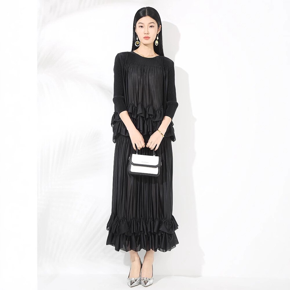 褶皱时尚气质套装女2025新款荷叶边七分袖上衣高腰长款半裙两件套