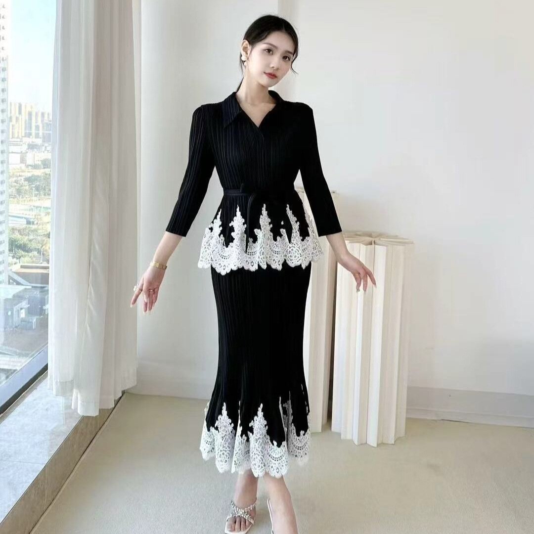 三宅褶皱套装裙女法式蕾丝拼接显瘦上衣半裙俩件套名媛风时尚套装
