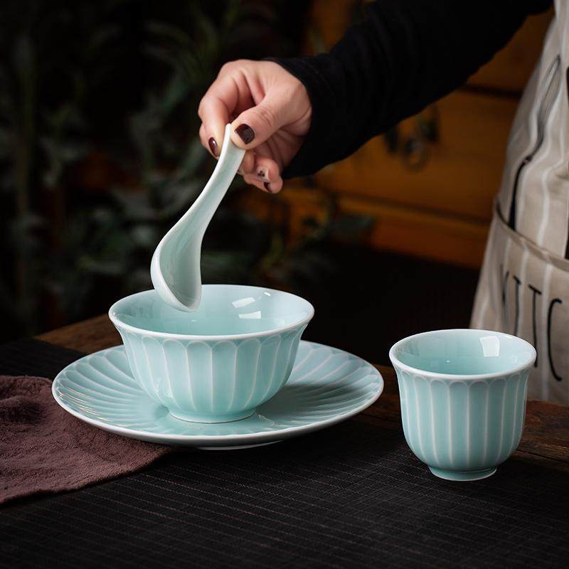 中式釉下彩青瓷酒店摆台餐具高端商用会所碗碟勺子杯三四件套装,餐饮具,盘,淘宝优惠券,粉丝福利购,淘宝优惠卷