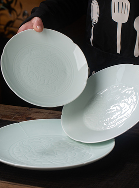 景德镇影青陶瓷浮雕盘子中式仿宋餐具酒店会所菜盘创意特色浅盘