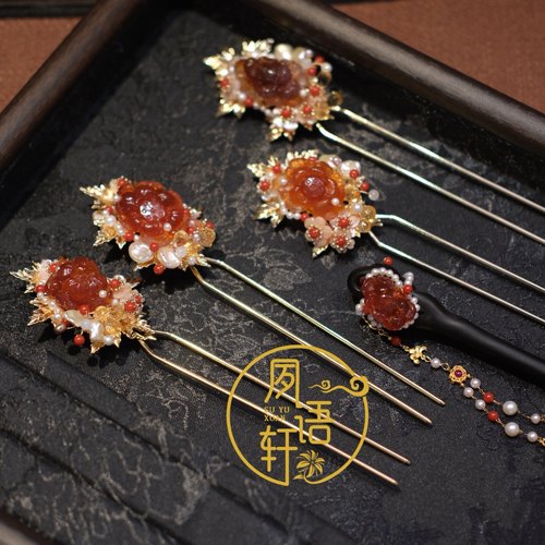 夙语轩原创设计糖心玛瑙手工雕刻淡水珍珠簪子