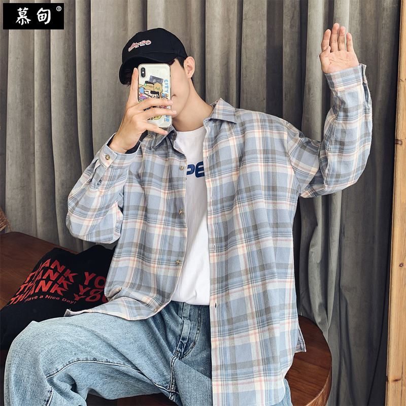 格子衬衫男长袖韩版潮牌ins宽松港风日系潮流帅气衬衣春装外套寸