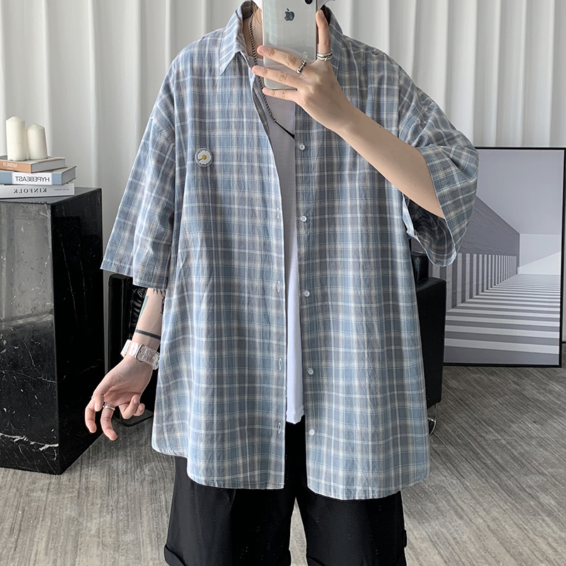 小雏菊格子衬衫短袖男ins潮夏季薄款网红很仙的上衣服痞帅外套寸