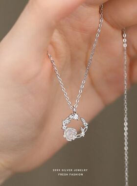 超仙气质花环项链女s999纯银百搭轻奢幻彩玫瑰花锁骨链足银高级感