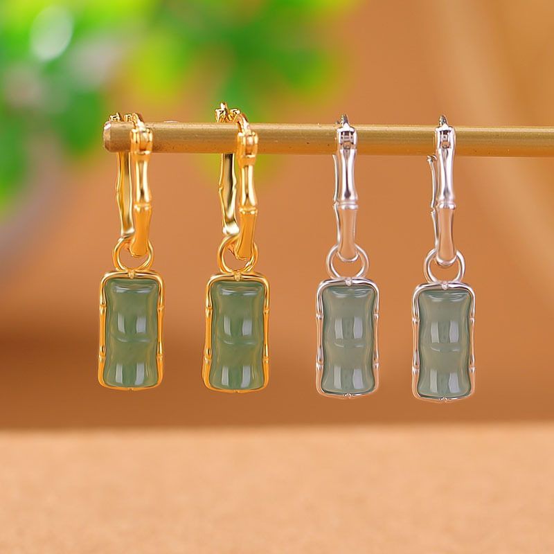 壹鹿银S925纯银镀金蓝水翡翠新中式复古国风竹节耳环气质百搭耳坠