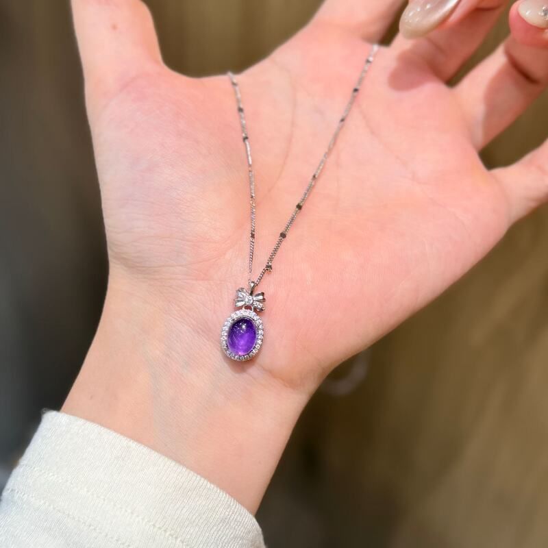 s925通体纯银满钻蝴蝶结天鹅蛋紫水晶项链女轻奢风优雅气质毛衣链