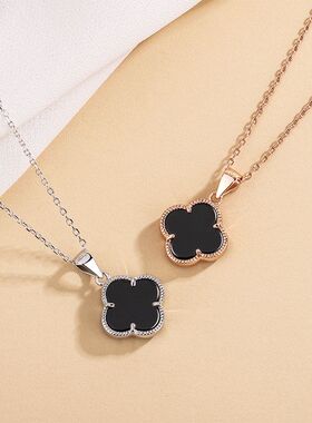 S999足银玛瑙四叶草项链女小众花朵吊坠2023新款潮纯银高级锁骨链