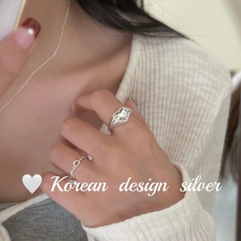 韩版ins风小众设计银饰 S925纯银简约圆珠拼接爱心光面戒指高级感