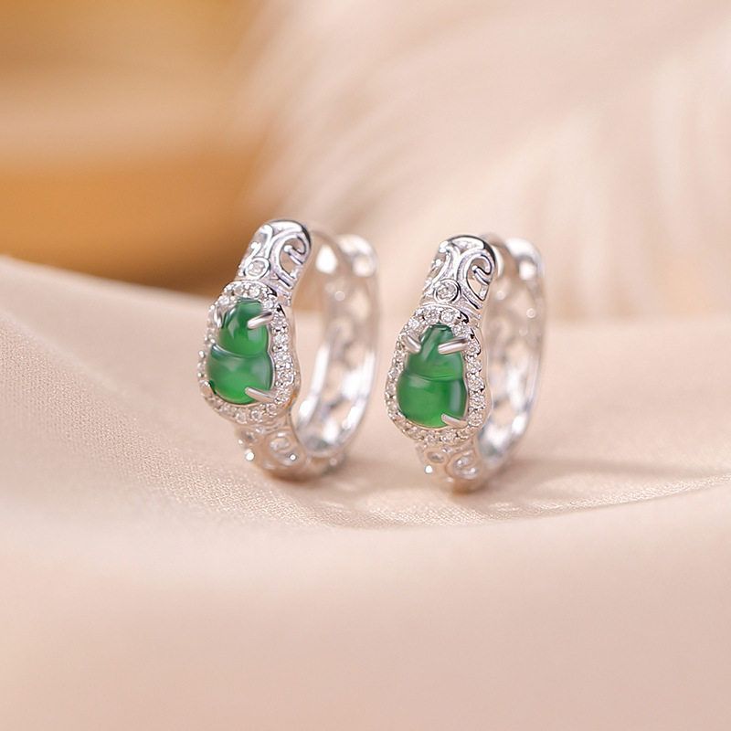 壹鹿银S925纯银翡翠复古轻奢时尚福禄葫芦镂空耳环气质百搭银耳夹