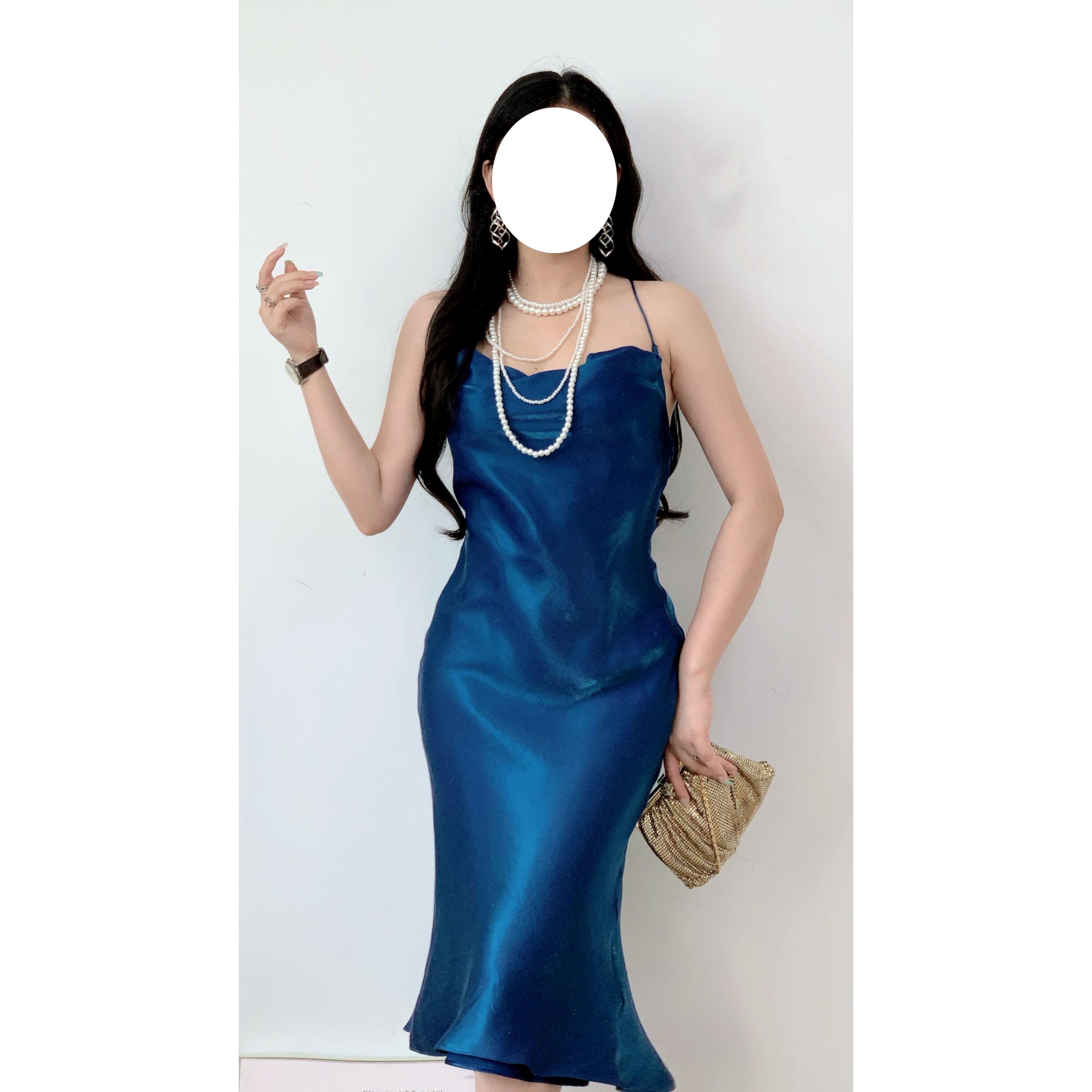 日本制vintage古着法式轻熟复古蓝色吊带镭射人鱼姬荡领连衣裙女