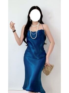 日本制vintage古着法式轻熟复古蓝色吊带镭射人鱼姬荡领连衣裙女