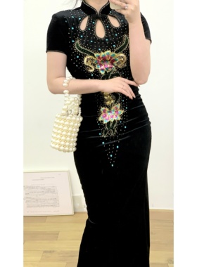 新中式改良黑丝绒重工镂空立领花卉亮片钉珠刺绣vintage古着旗袍