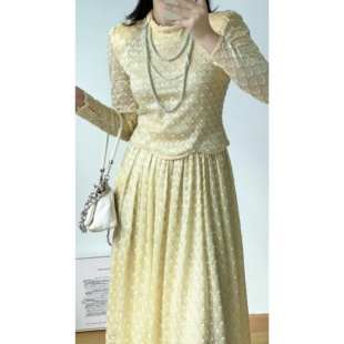 vintage古着孤品法式复古连衣裙浅黄色高级感假两件镂空蕾丝大摆