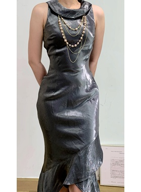 vintage古着轻熟优雅灰色斜裁流光镭射鱼尾摆收腰修身连衣裙女夏