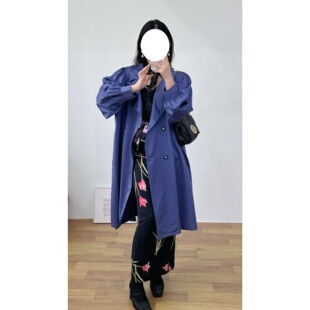 vintage古着优雅气质Leilian莉莉安褶皱交领双排扣亚克力钻扣风衣