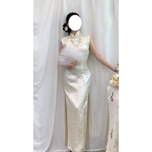 vintage古着改良新中式 白色缎面龙纹斜襟盘扣旗袍女