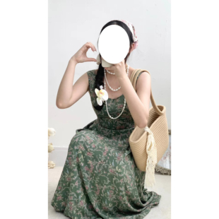 文艺复古森系涤纶暗绿色碎花印花吊带vintage古着孤品连衣裙女
