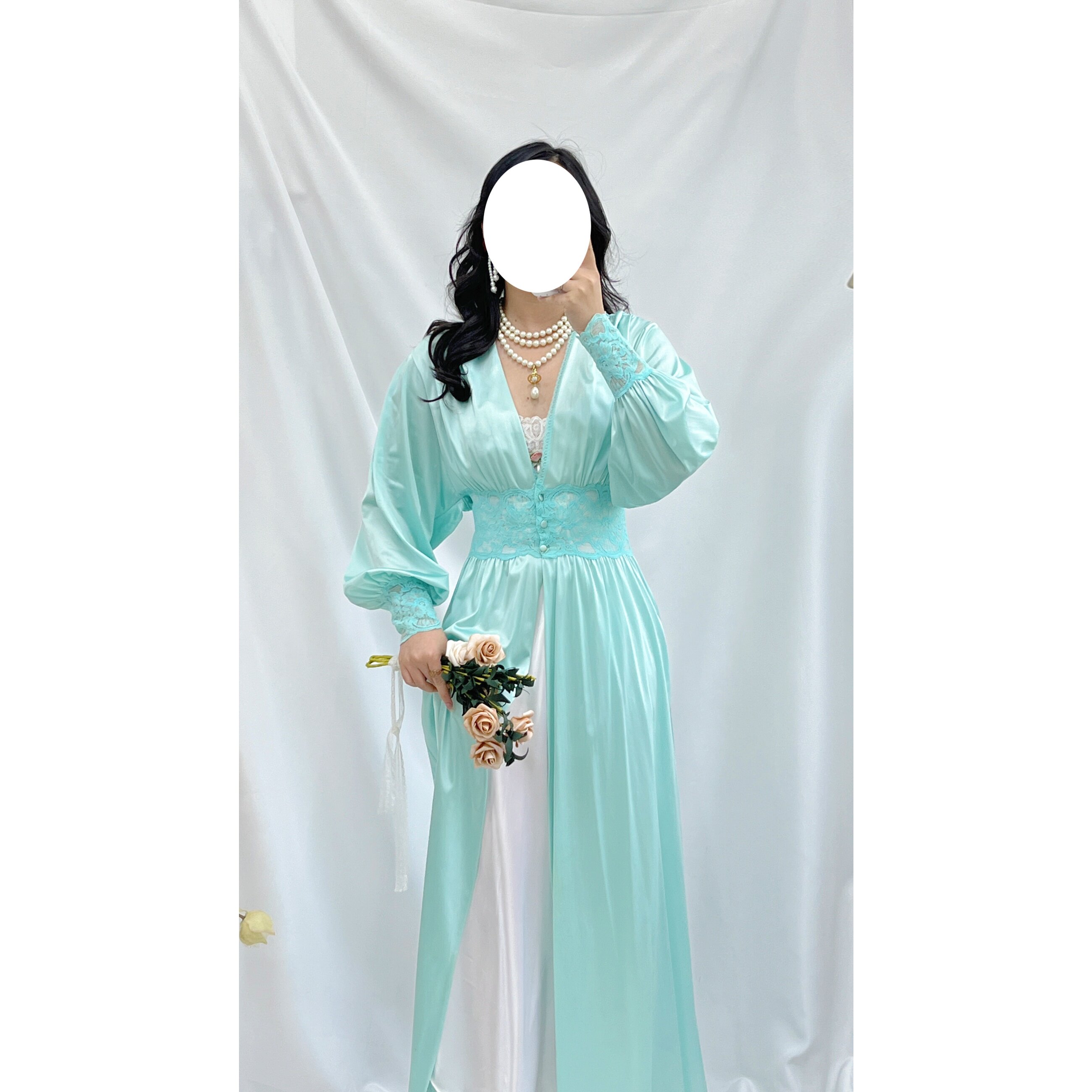 美产vintage古着美式复古缎面古董感蕾丝灯笼袖睡裙晨袍连衣裙女