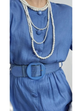 简约复古PIE*RE BAL*AIN巴*曼全麻蓝色腰带短袖vintage古着连衣裙