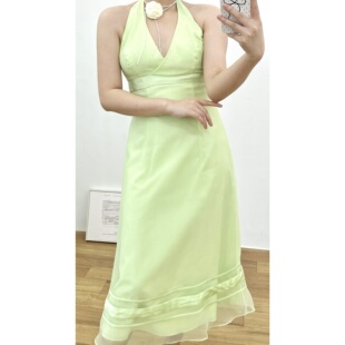 vintage古着性感DAVID'S BRIDAL挂脖吊带V领欧根纱高腰礼服连衣裙