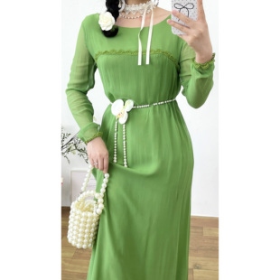 优雅帝政风复古绿色褶皱蕾丝边高腰长款vintage古着孤品连衣裙女