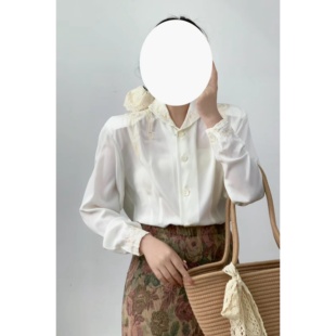 vintage古着孤品法式优雅复古涤纶白色真丝手工刺绣长袖衬衫女