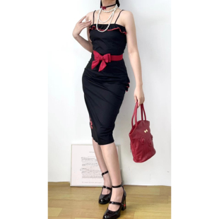 美产港风复古黑红撞色假两件骷髅印花吊带vintage古着孤品连衣裙