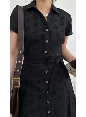 vintage古着复古气质LAURA ASHLEY黑色镂空刺绣小花贝母扣连衣裙