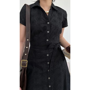 vintage古着复古气质LAURA ASHLEY黑色镂空刺绣小花贝母扣连衣裙