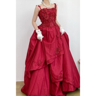 vintage古着复古法式优雅吊带红色塔夫绸手工钩花高腰大摆婚纱女