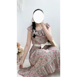 甜美森系田园风棉麻粉紫色荷叶领大摆vintage古着孤品连衣裙女夏