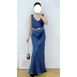 优雅蓝色斜裁蕾丝流光变色vintage连衣裙 BRIDAL法式 美产DAVID