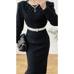 日产昭和复古黑色立体剪裁缎带玫瑰立体花点缀vintage古着连衣裙