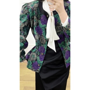 vintage古着昭和复古羊毛混纺复古印花收腰亚克力金扣西装 外套女