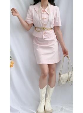 vintage古着日产甜美复古减龄感CLATHAS粉色亚克力花朵扣分体套裙