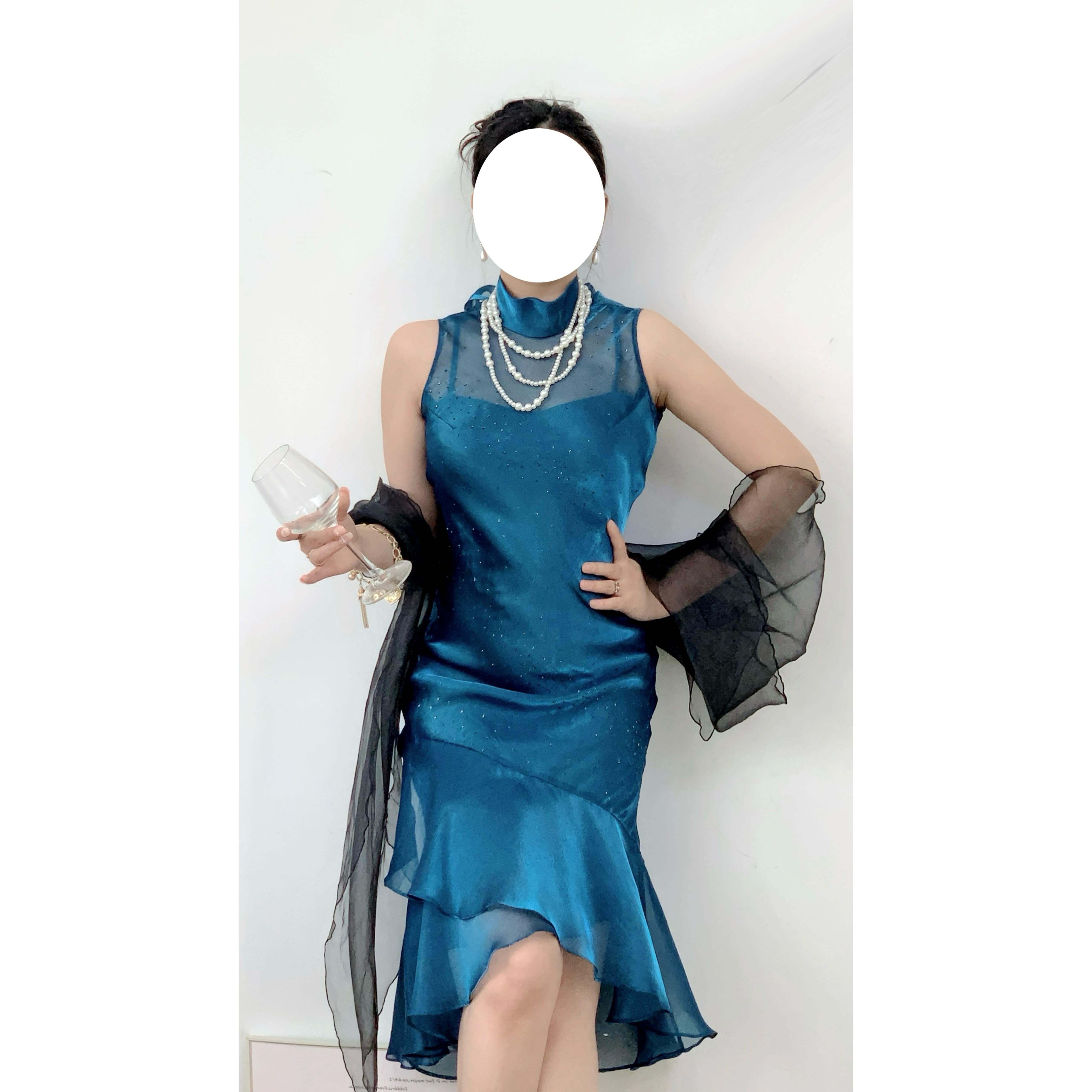 日本制gui牌斜裁镭射流光人鱼姬烫钻系带vintage古着孤品连衣裙女
