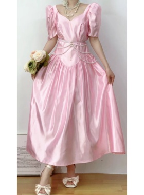 法式公主风Alfr*d Angelo粉色缎面蝴蝶结南瓜袖vintage古着连衣裙