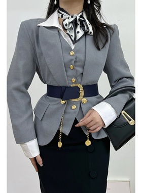 英伦复古感灰色立体剪裁大金扣西装外套vintage古着两件套装女