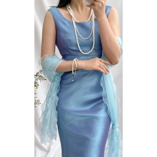 vintage古着轻熟优雅GENET 连衣裙女 VIVIEN蓝色斜裁珠光高腰修身