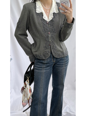 复古优雅羊绒混纺深灰色玫瑰刺绣蕾丝贴布vintage古着毛衣开衫女