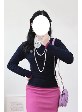 vintage古着简约百搭B*RB*R*Y蓝标全棉深蓝色条纹战马刺绣长袖T恤