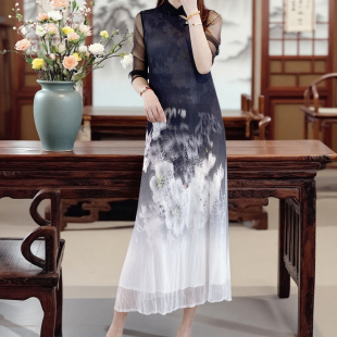 五分袖秋季长裙印花花色连衣裙优雅旗袍改良版新款遮肉