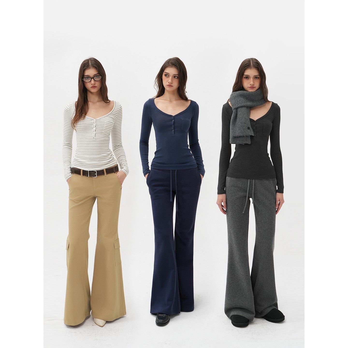 【现货速发】Jim Kennet三色大V领正肩弹力修身打底亨利T恤