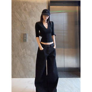 修身 基础款 七分袖 v领短袖 收腰内搭气质紧身显瘦打底上衣 女t恤夏季