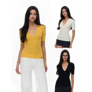 针织上衣辣妹修身 修身 显瘦正肩t恤 Kenet凉感坑条翻领深V中袖 Jim