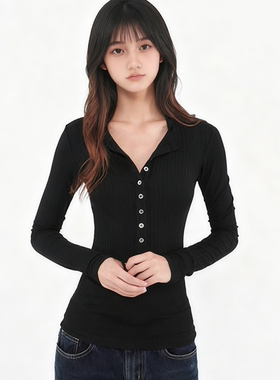 【现货同款】Jim Kennet四色亨利领修身长袖T恤上衣