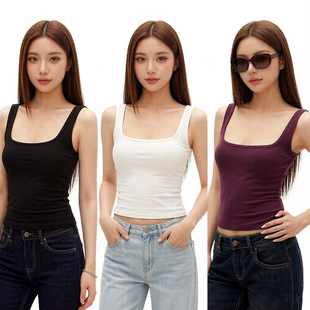 basic背心四色可选 棉弹混纺亲肤面料加宽肩带大U领修身 同款 xiaa