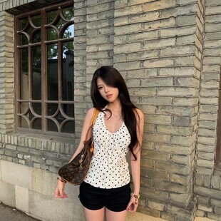 同款BER 复古纯欲辣妹波点挂脖吊带背心抽绳绑带百搭修身显瘦上衣